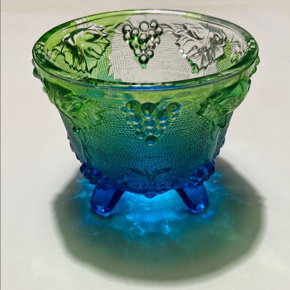 Vintage Jeanette Grape Vine Glass Blue Green Footed Candy Dish